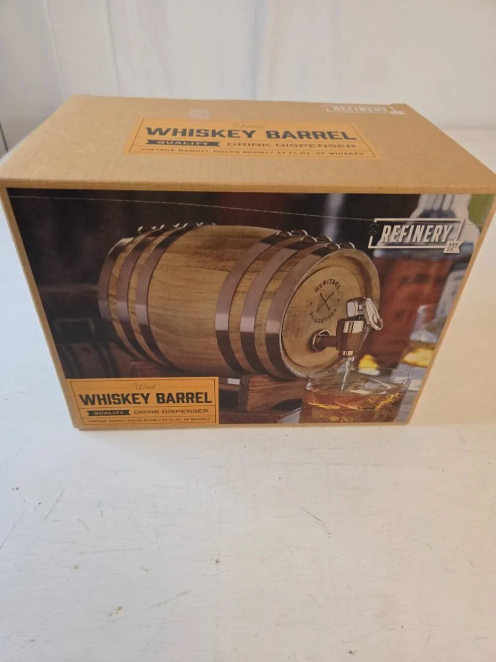 Refinery Wood Whiskey Barrel Serving Drink Dispenser New In Box